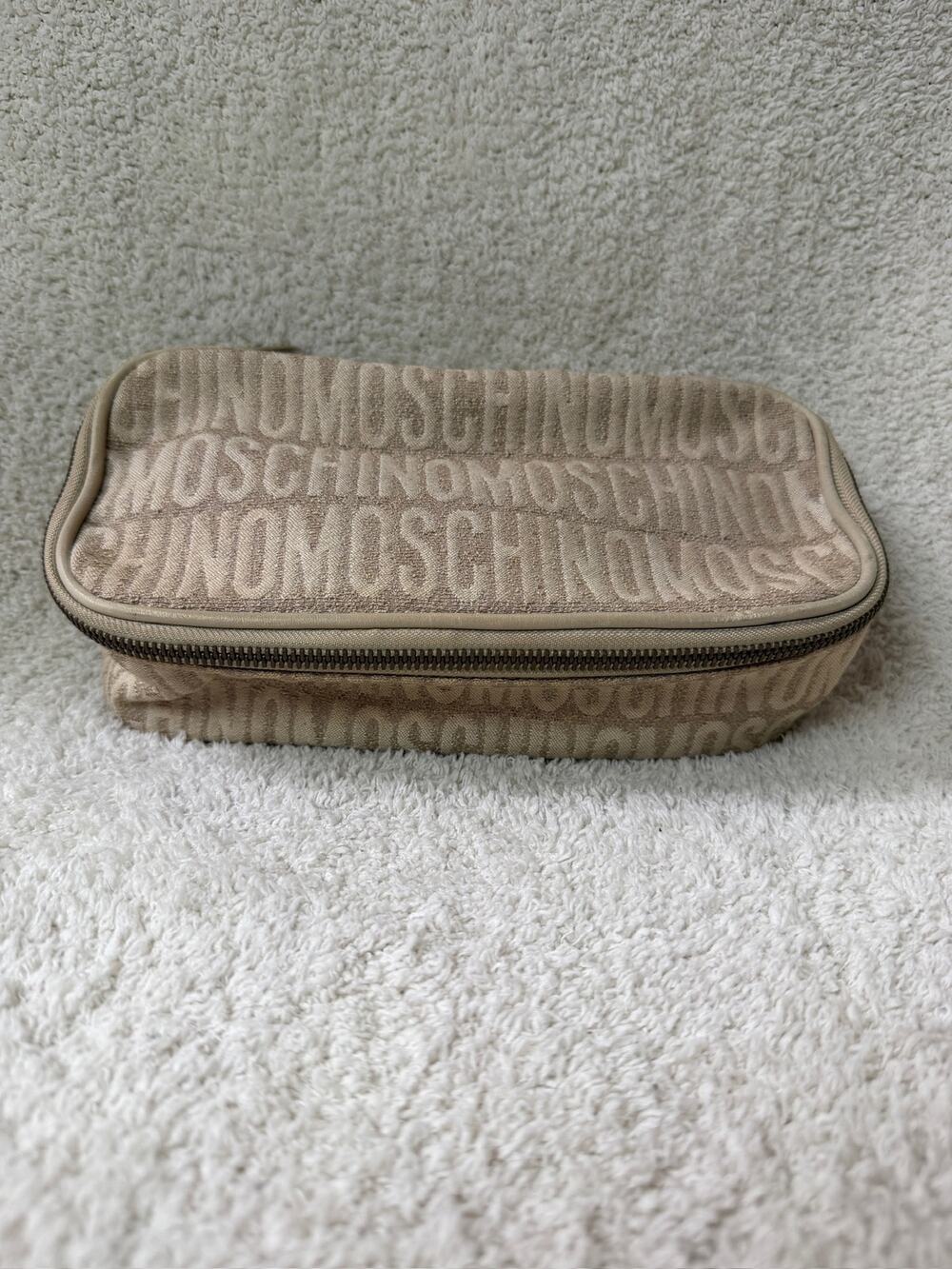 Moschino Allover Logo Print Beige Brown Cosmetic Bag Makeup Pouch Zip Case